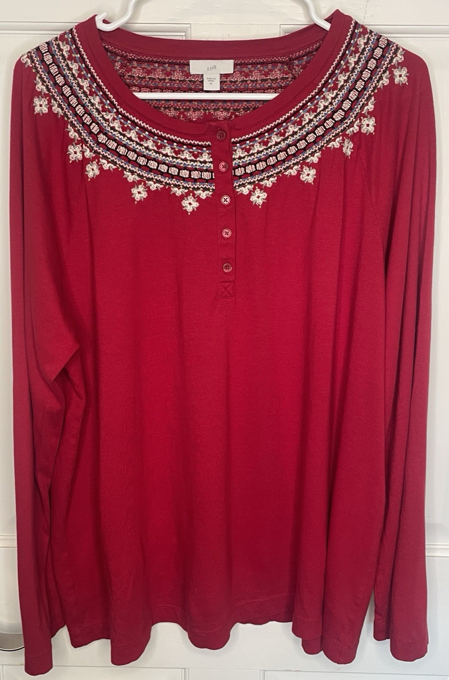 J. Jill Women's Embroidered Knit Henley Pullover Sz XL Long Sleeve Aztec Boho
